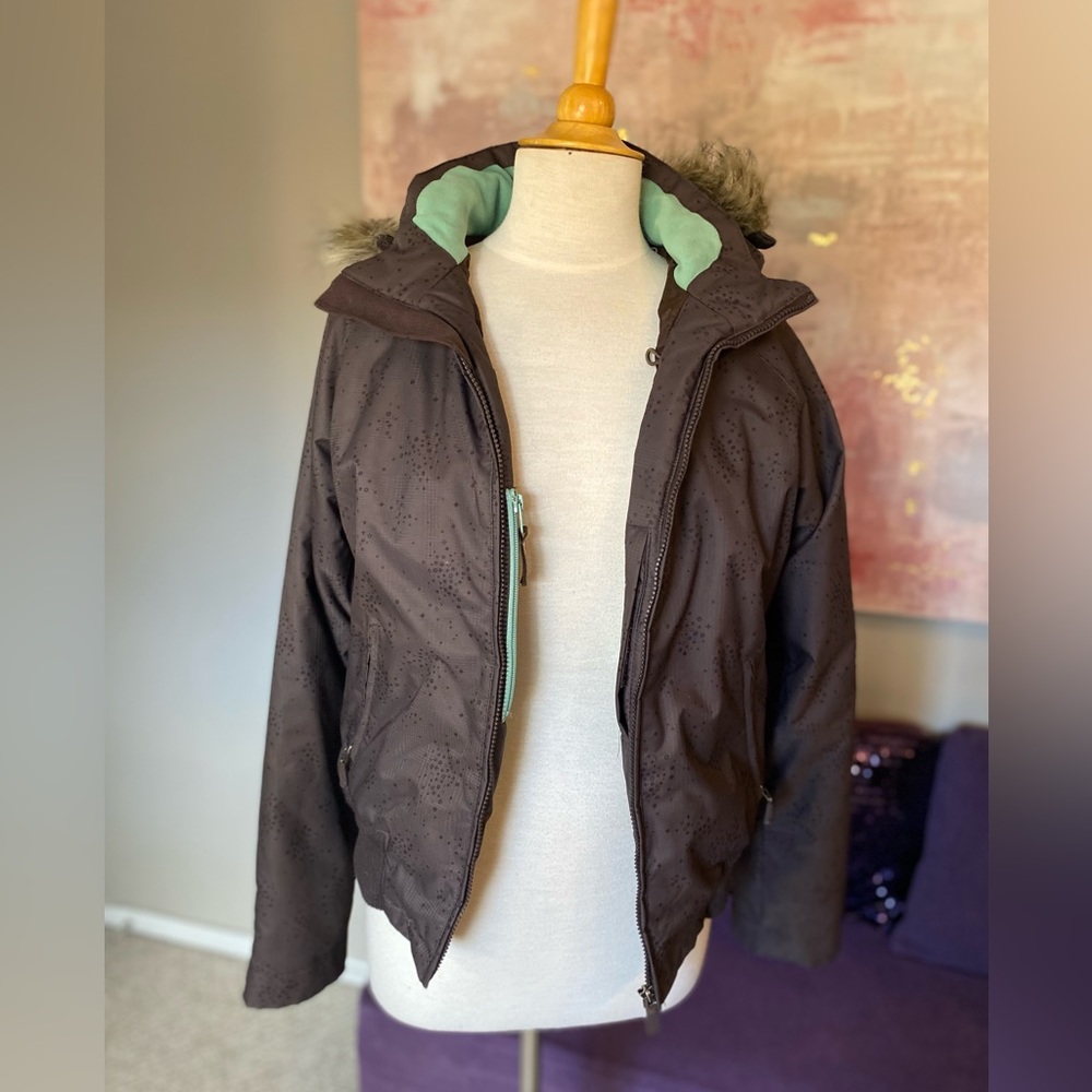powder room CORE polar fleece snowboarding/ski jacket brown w/faux fur hood Med - Picture 15 of 15